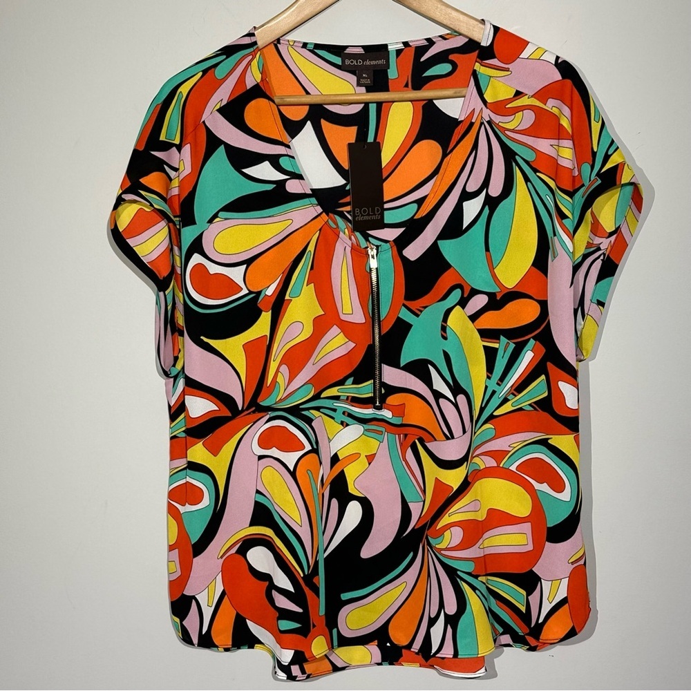 Bold Elements Women's Multicolor Retro Print Top Blouse Quarter Zip Size XL